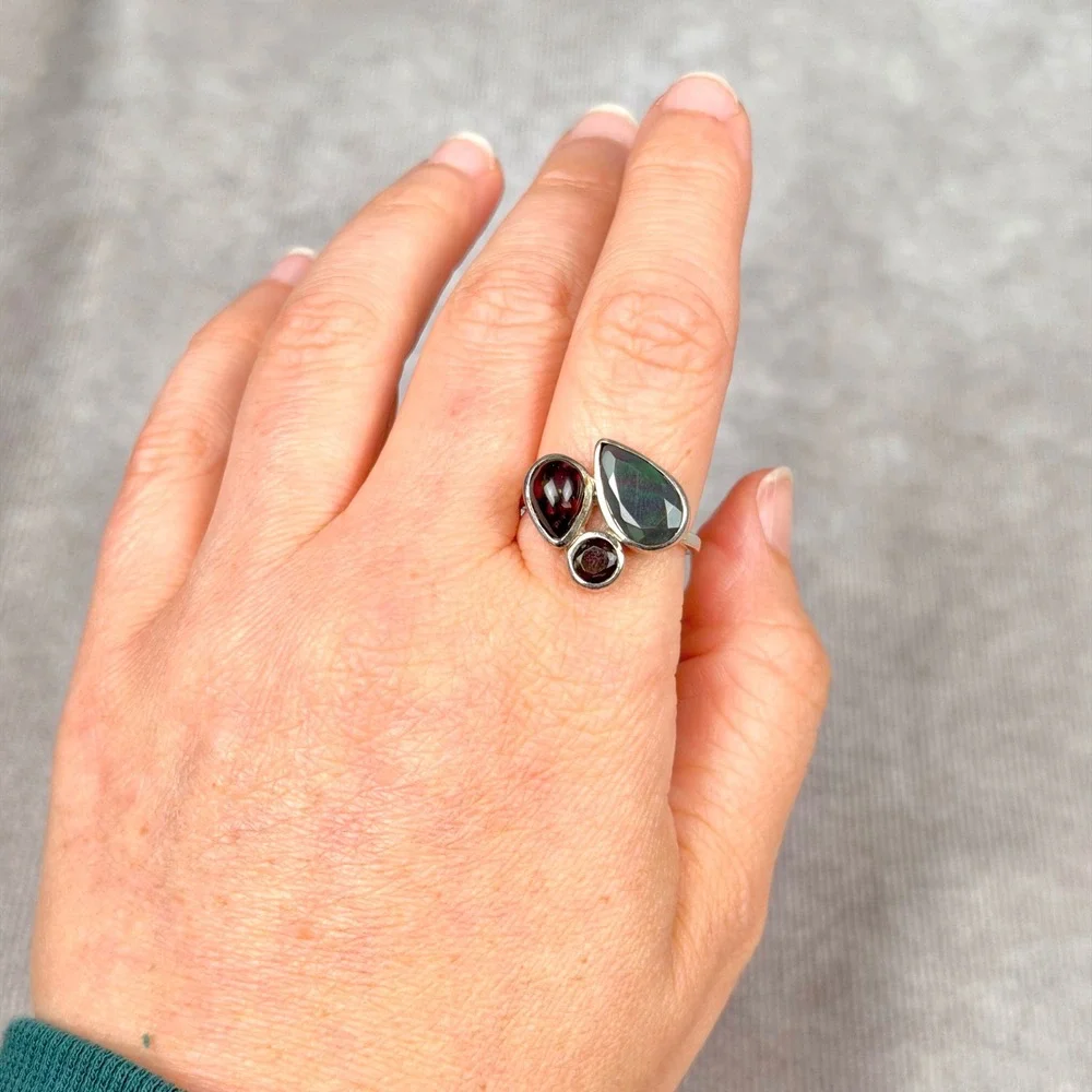 Whimsigoth Ethiopian Black Opal Silver Ring Size 8 Cluster Teardrop Round Oval
